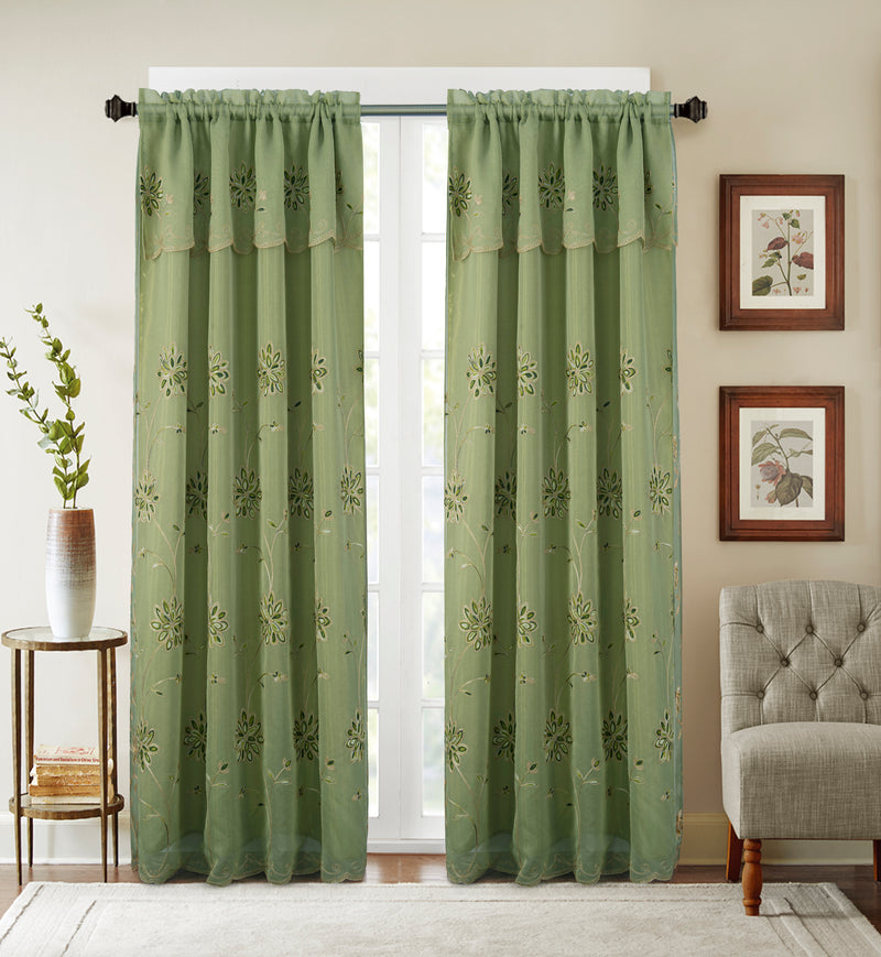 Carter Floral Embroidered Curtain with Satin Backing and Attached Valance - 54" x 90"