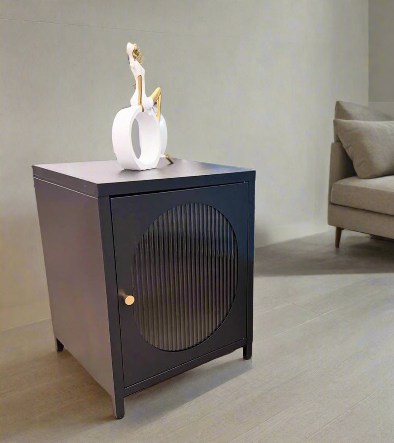 MODERN BED SIDE TABLE WITH TEXTURED GLASSDOOR
