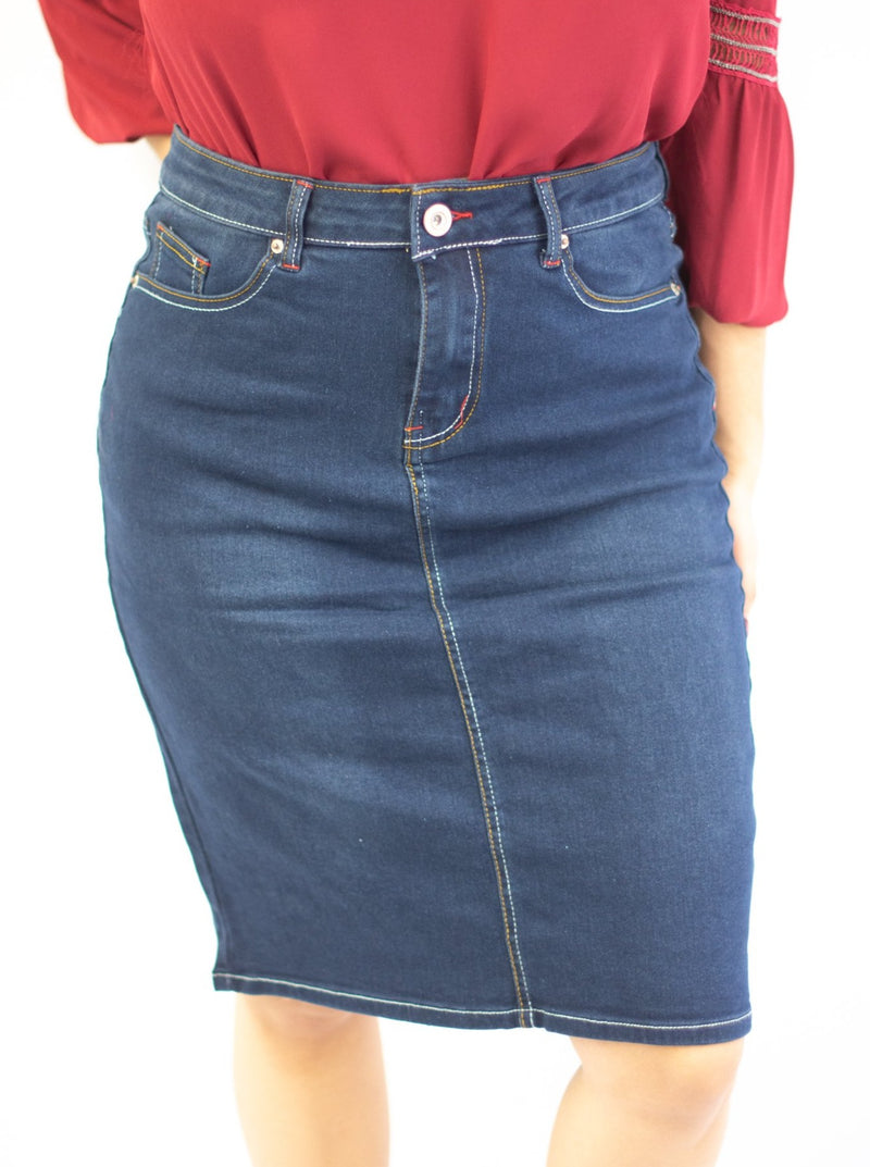 Premium Jeans Midi Denim Skirt with Embroidered Pockets