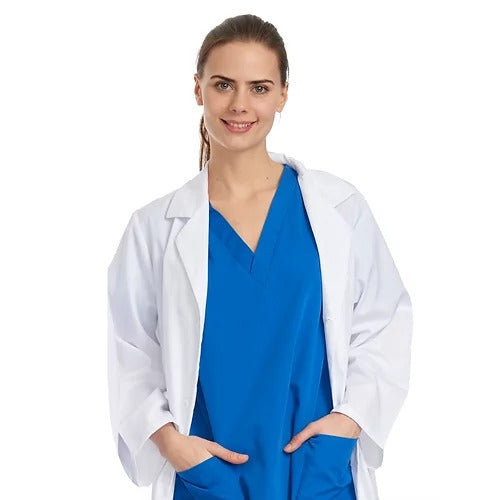 Denice G140 White Lab Coat with Pockets, Lapels, and 2 Pockets. Long Sleeves and Mid-Thigh Length