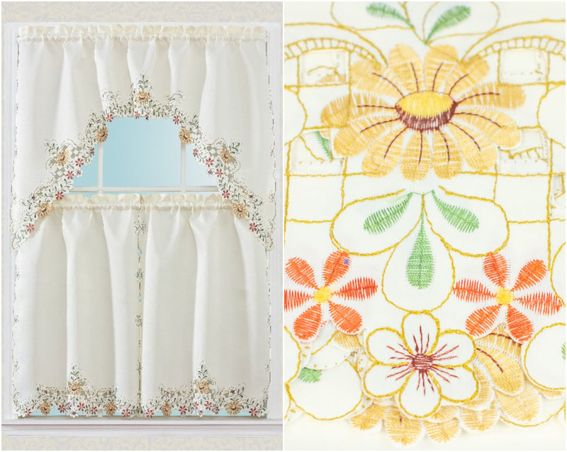 Floral 3 Piece Print Embroidered Kitchen Curtain