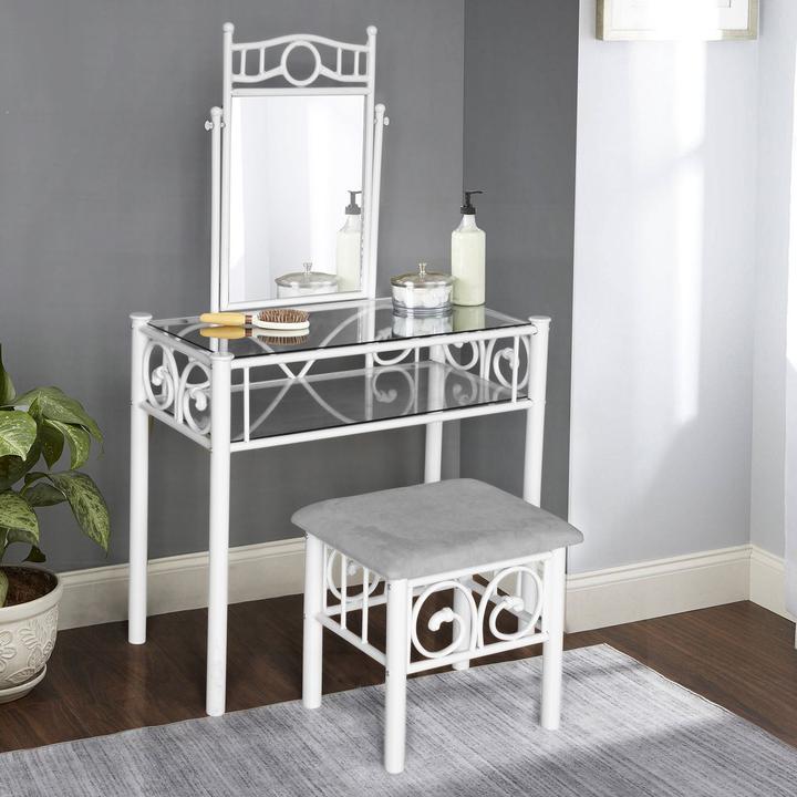 Accent Vanity Glass Table with Bench Set