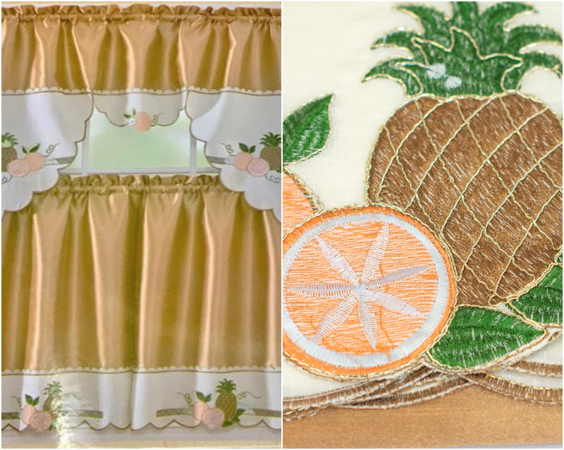 Strawberry & Pineapple 3 Piece Embroidered Kitchen Curtain