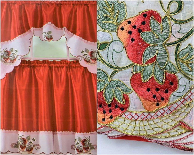 Strawberry & Pineapple 3 Piece Embroidered Kitchen Curtain