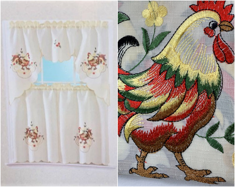 Rooster 3 Piece Embroidered Kitchen Curtain