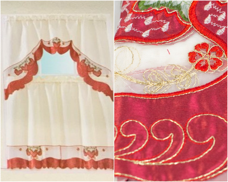 Royal Strawberry 3 Piece Print Embroidered Kitchen Curtain