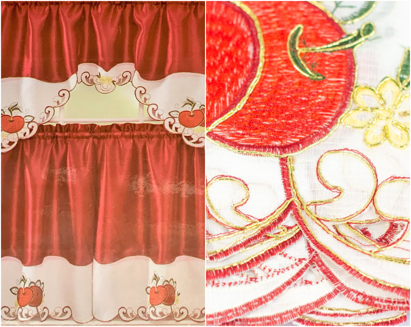 Apple Fruit 3 Piece Embroidered Kitchen Curtain